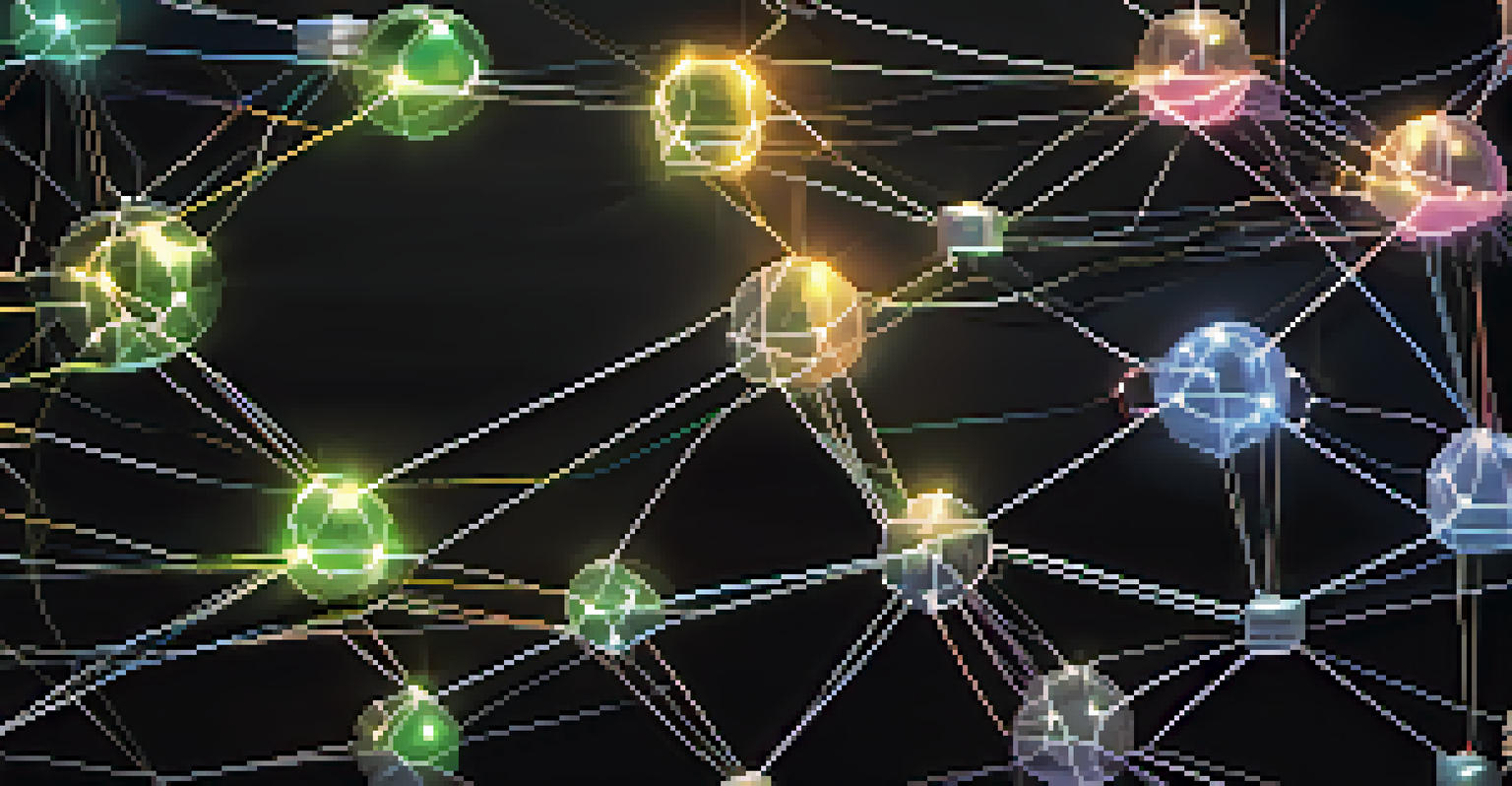 A visual representation of a blockchain network with glowing nodes symbolizing urban services against a dark background.