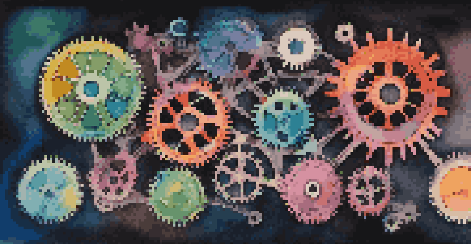 Abstract illustration of interconnected gears symbolizing microservices architecture with vibrant colors on a dark background.