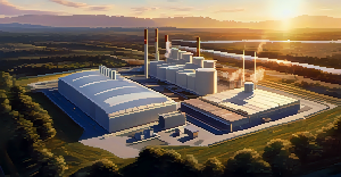 A contemporary waste-to-energy plant with solar panels, surrounded by trees and illuminated by sunset light.