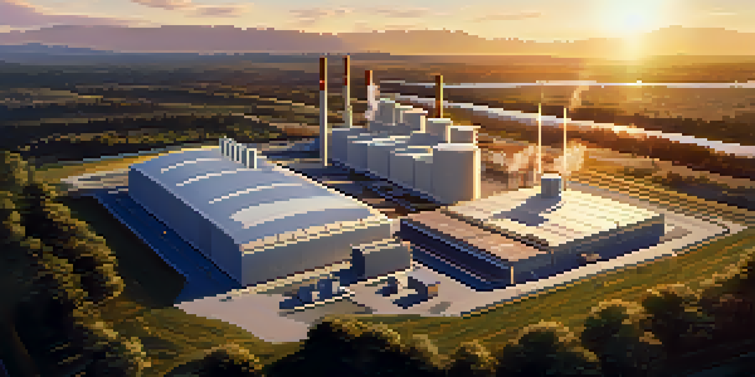 A contemporary waste-to-energy plant with solar panels, surrounded by trees and illuminated by sunset light.