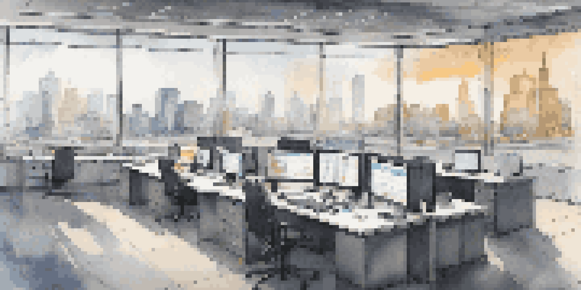 A fleet management office with screens showing vehicle data, maps, and graphs, overlooking a busy city.