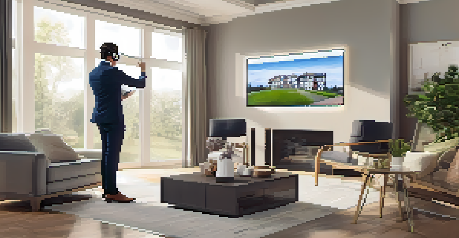 A real estate agent wearing augmented reality glasses, demonstrating virtual furniture and decor in an empty room to potential buyers.