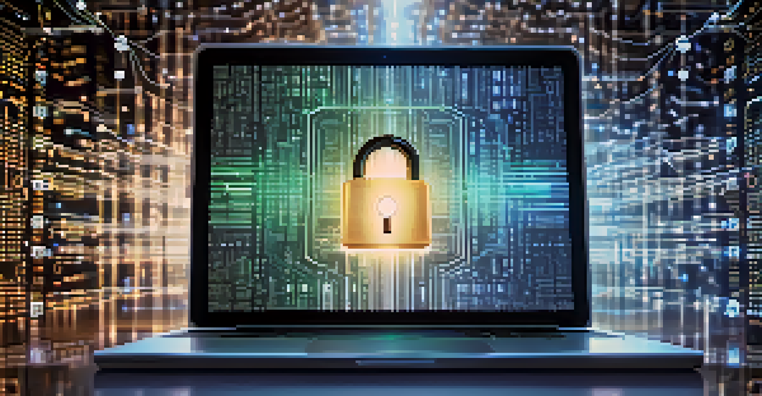 An artistic depiction of a digital lock formed from binary code, symbolizing AI's role in protecting personal information across devices.