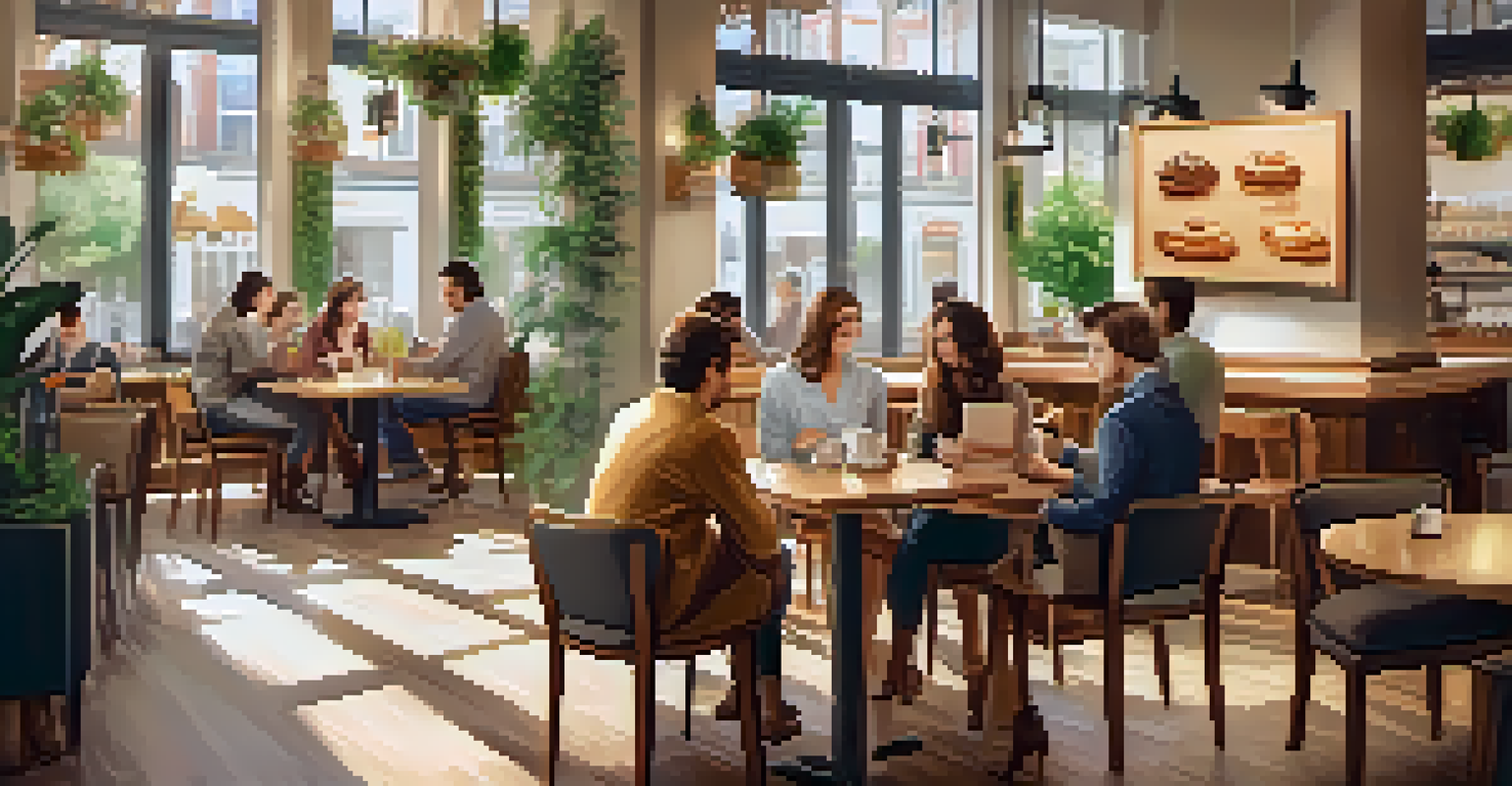 A cozy café with customers enjoying coffee, featuring a tablet on a table displaying sales data.