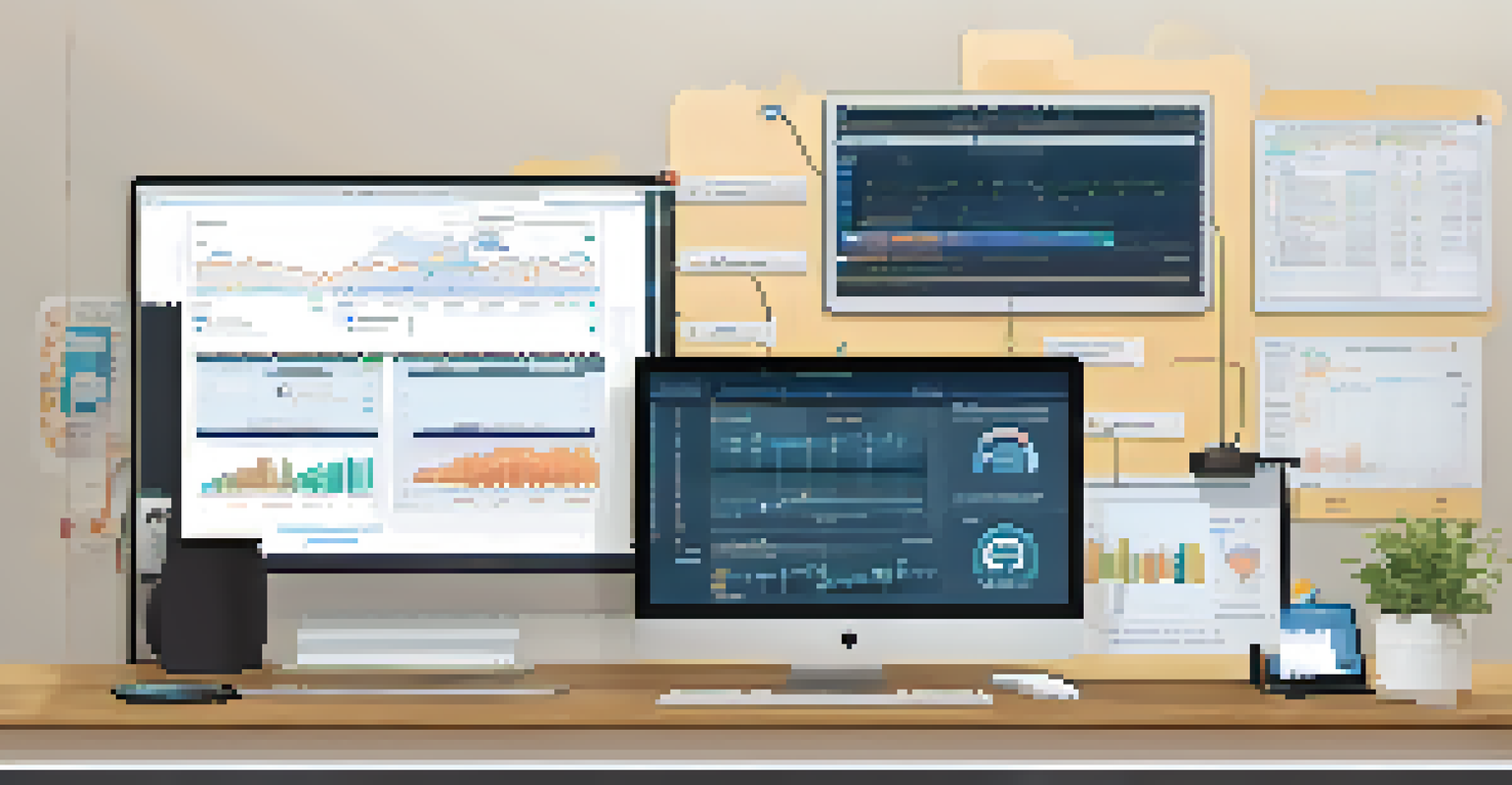 A close-up of a computer screen showing a CI/CD pipeline dashboard with graphs and metrics, surrounded by tech gadgets and coffee cups.