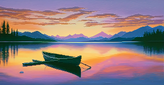 A peaceful sunset over a calm lake, with mountains in the background and a silhouette of trees in the foreground.