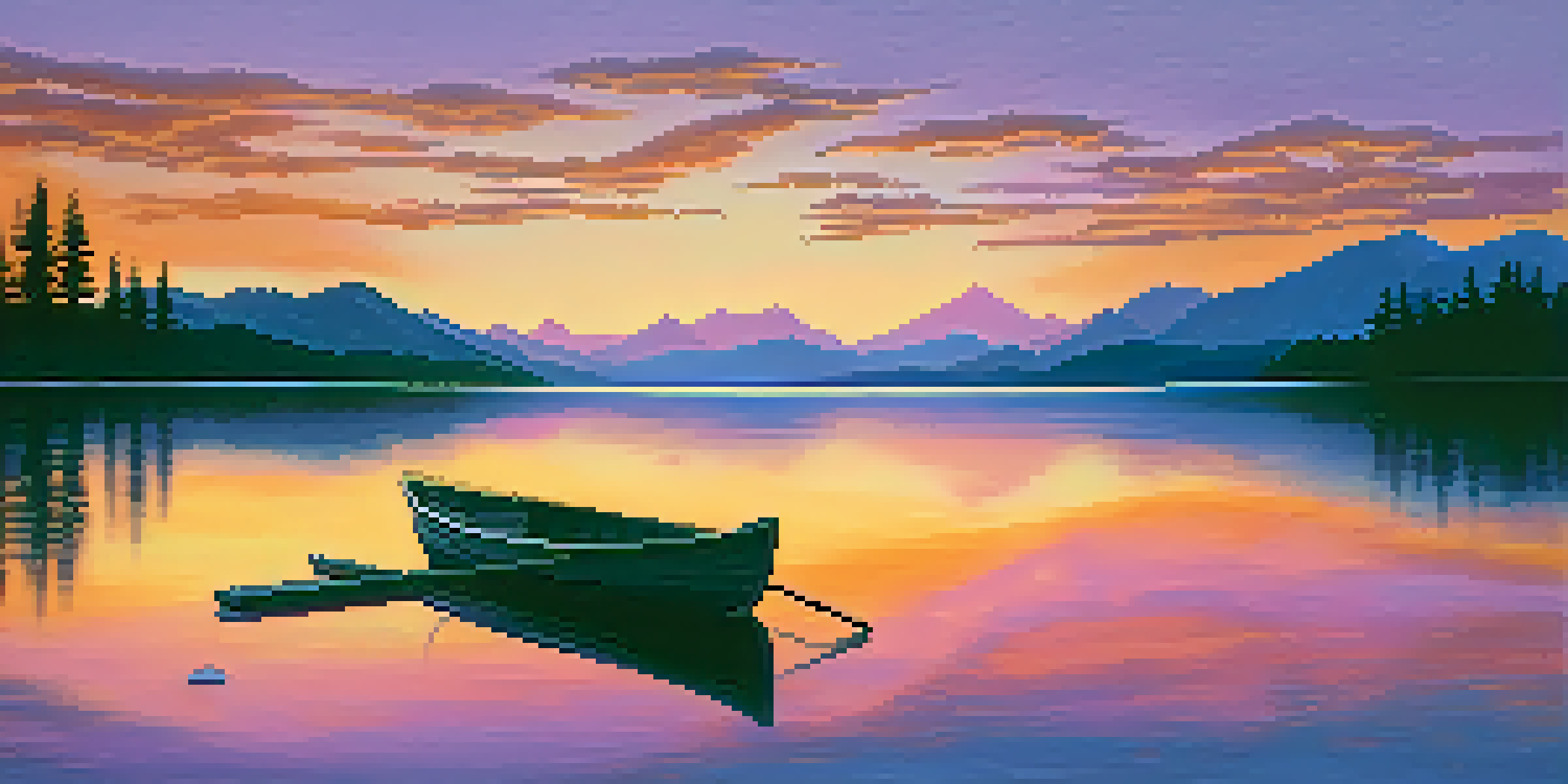 A peaceful sunset over a calm lake, with mountains in the background and a silhouette of trees in the foreground.