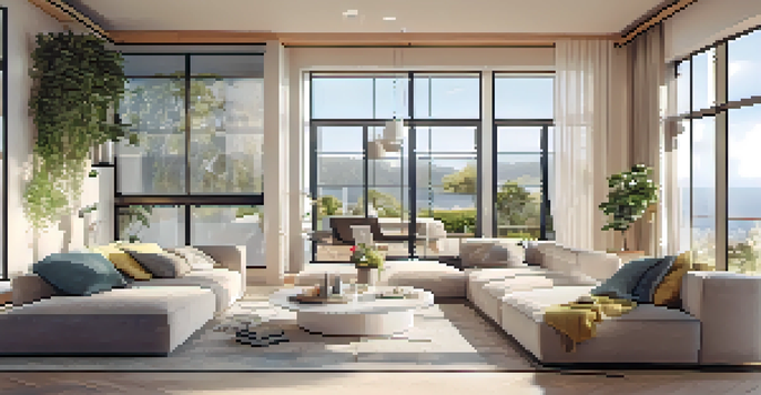 A modern smart home interior filled with advanced technology and IoT devices.