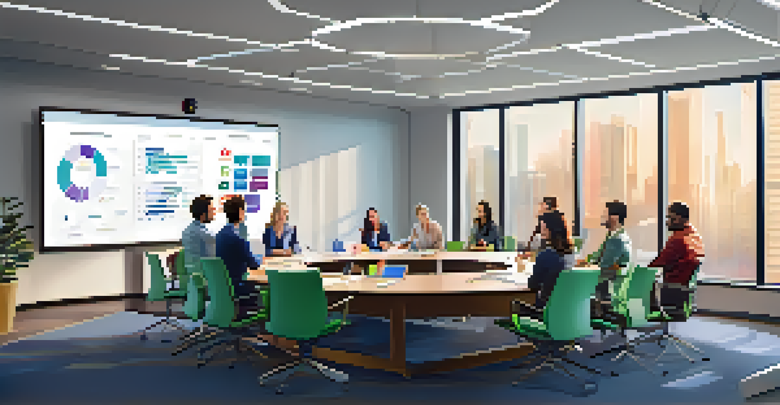 A team in a conference room discussing data insights, with a large screen, laptops, and colorful notes on a whiteboard.