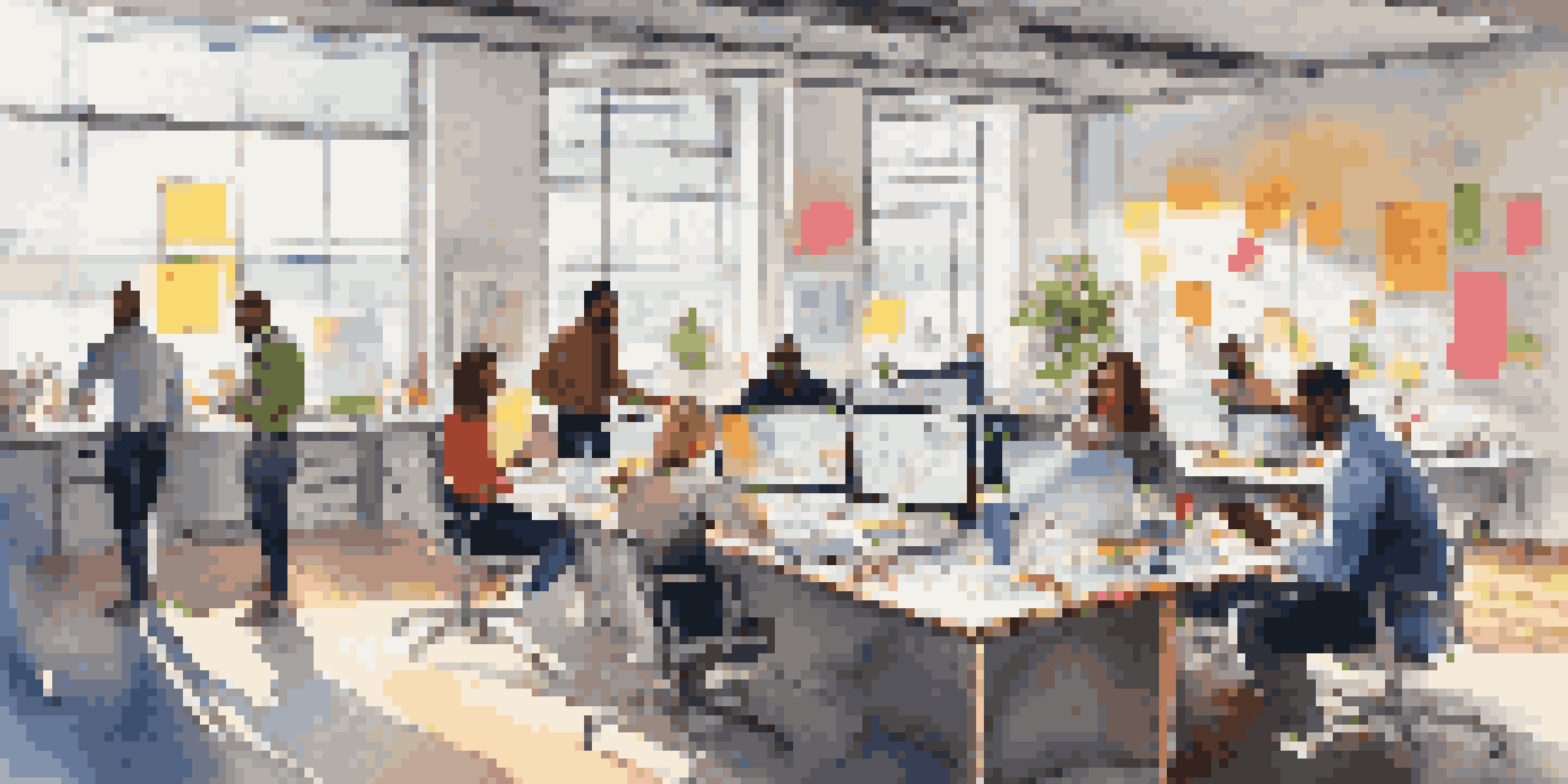 A diverse group of people collaborating in a modern office with bright lighting and colorful materials.