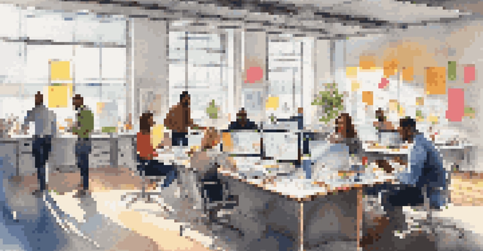 A diverse group of people collaborating in a modern office with bright lighting and colorful materials.