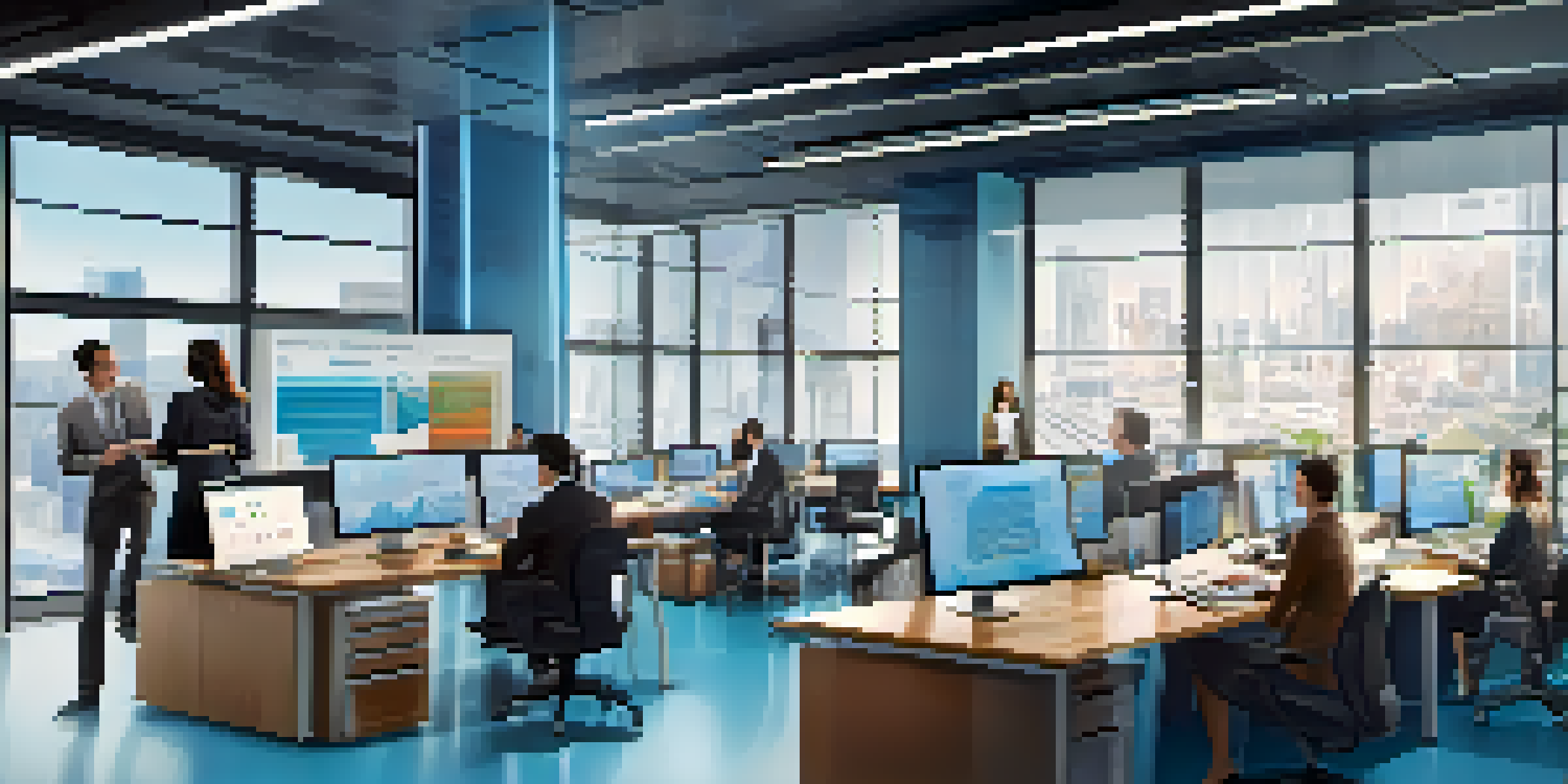 A diverse group of professionals working together in a modern office, discussing robotic process automation software on a laptop.