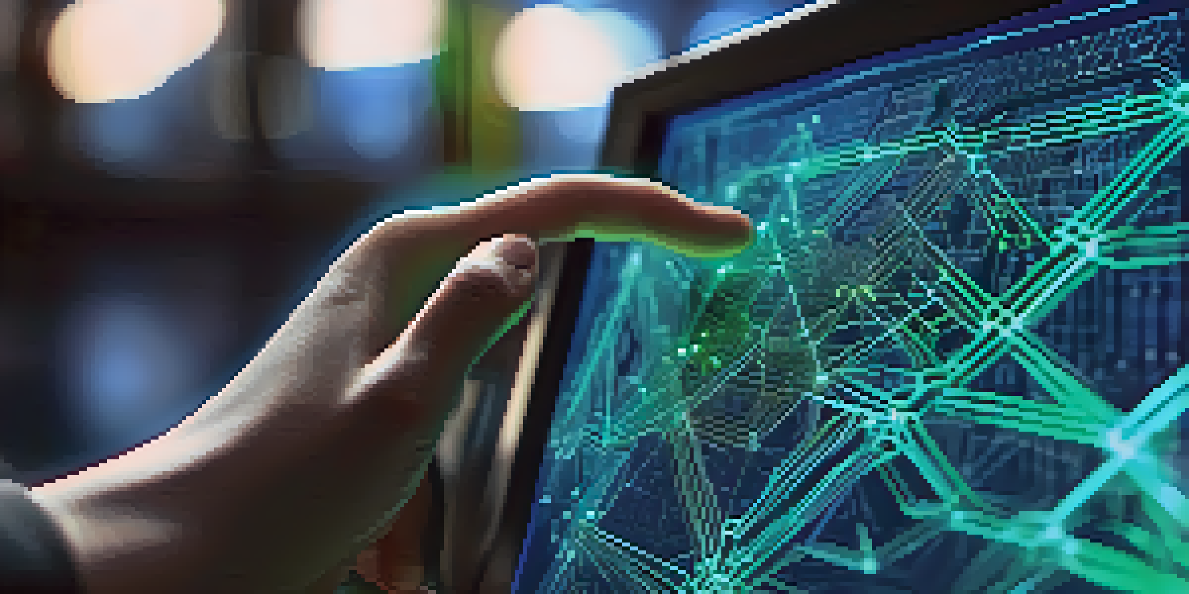 A person's hand engaging with a digital screen that shows a blockchain interface, emphasizing technology and security.