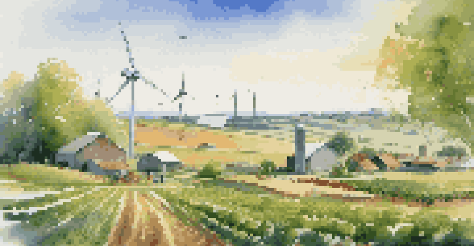 A landscape of a green farm with farmers working, a wind turbine, and bright sunlight, representing sustainable sourcing.