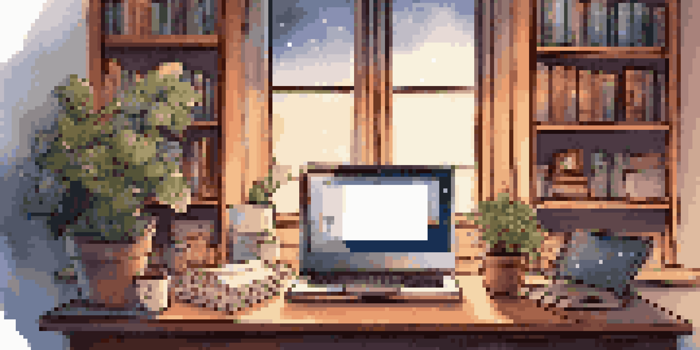 A warm and inviting home office at night with a laptop displaying a chatbot interface, a steaming cup of coffee, and bookshelves in the background.