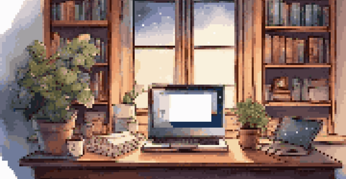 A warm and inviting home office at night with a laptop displaying a chatbot interface, a steaming cup of coffee, and bookshelves in the background.