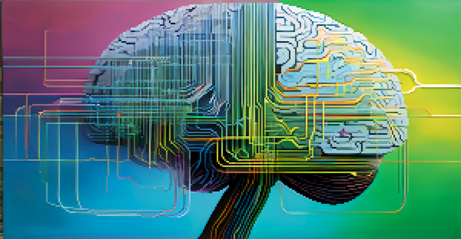An abstract image illustrating natural language processing with colorful data streams and a brain-shaped cloud.