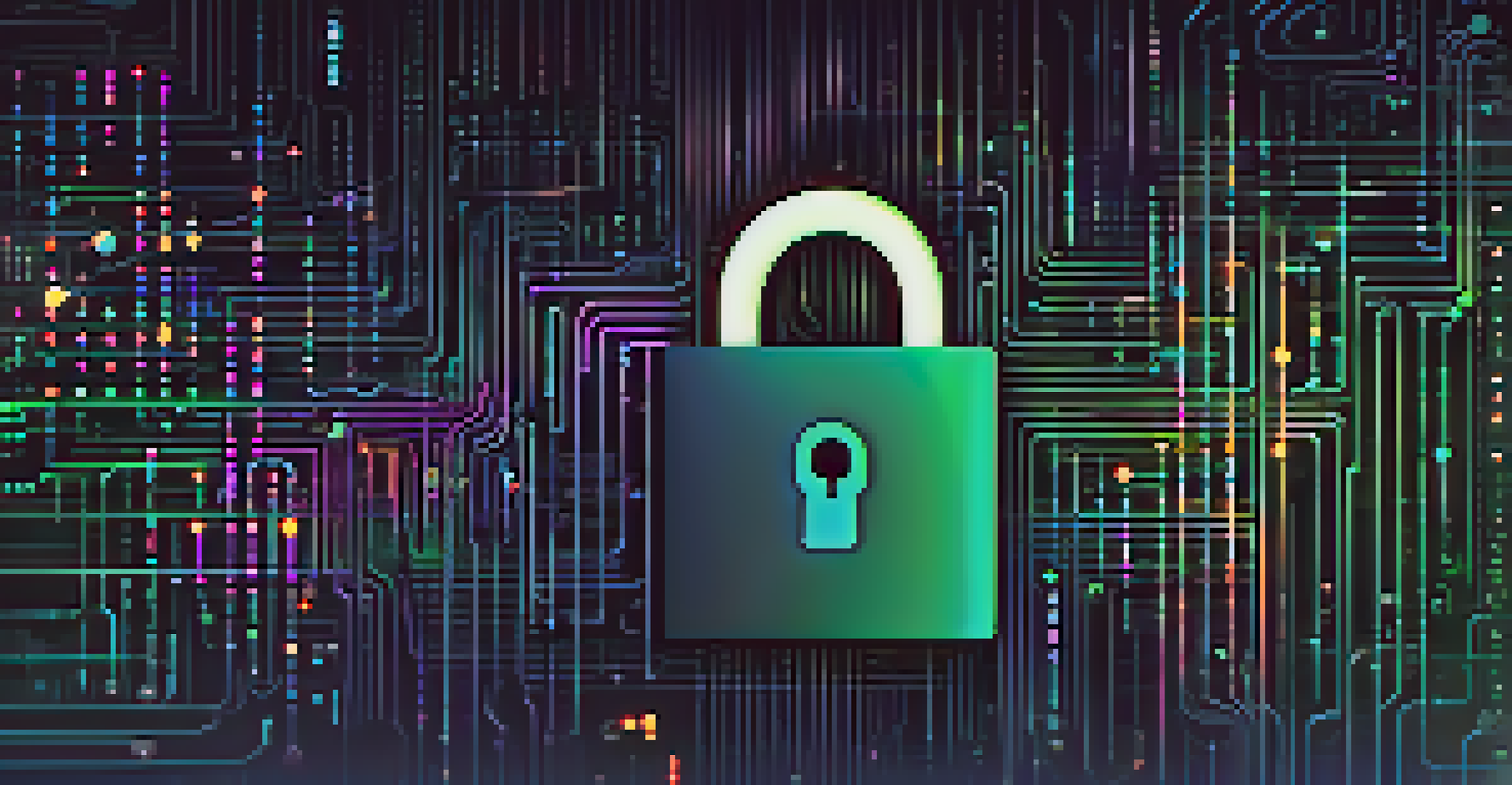 An abstract digital illustration of a lock symbol with binary code and colorful data streams representing data privacy.
