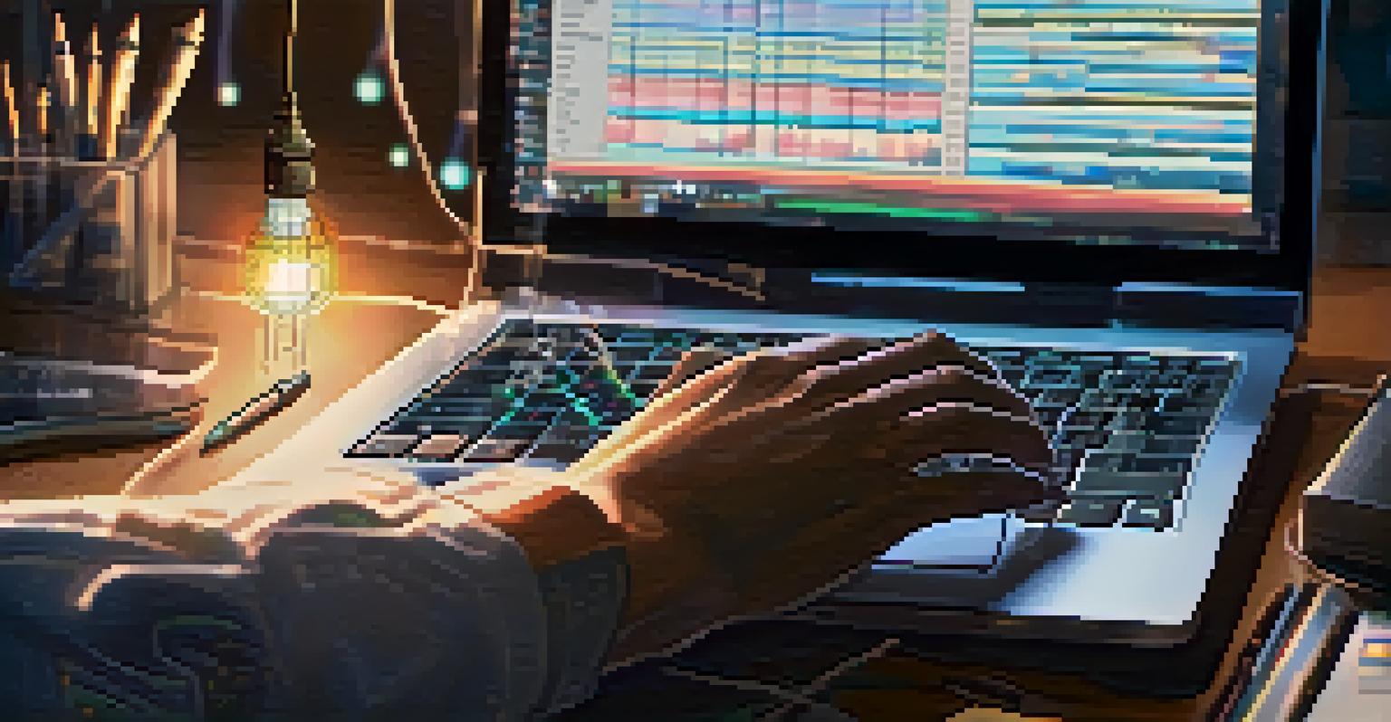 A close-up of hands typing on a laptop with code on the screen, surrounded by programming books and tech tools.