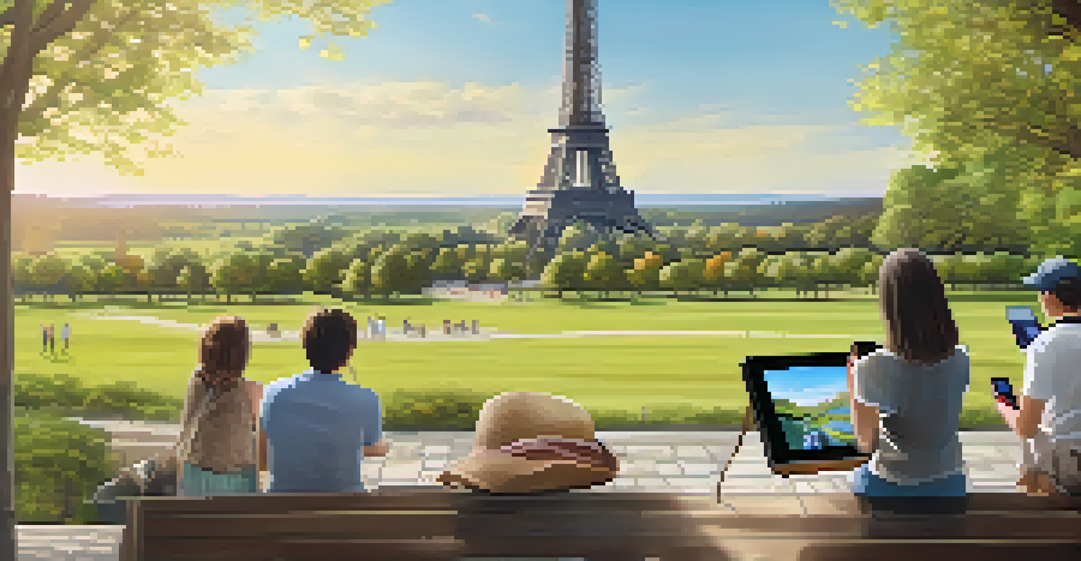 Tourists admiring a famous landmark augmented with digital information, showcasing cultural insights against a beautiful natural backdrop.