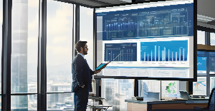 A business professional looking at a digital screen filled with financial graphs and charts in a modern office setting.