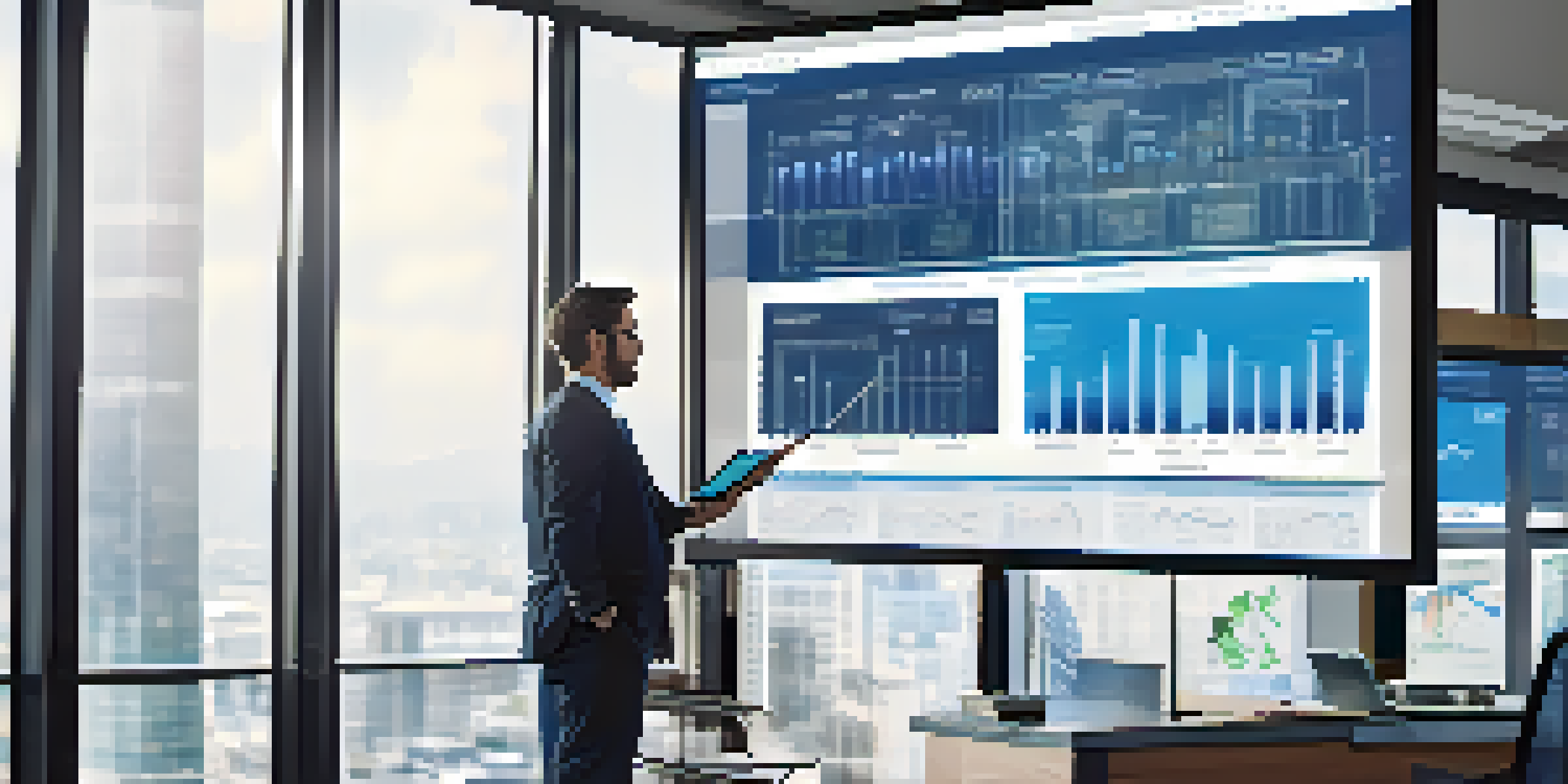 A business professional looking at a digital screen filled with financial graphs and charts in a modern office setting.