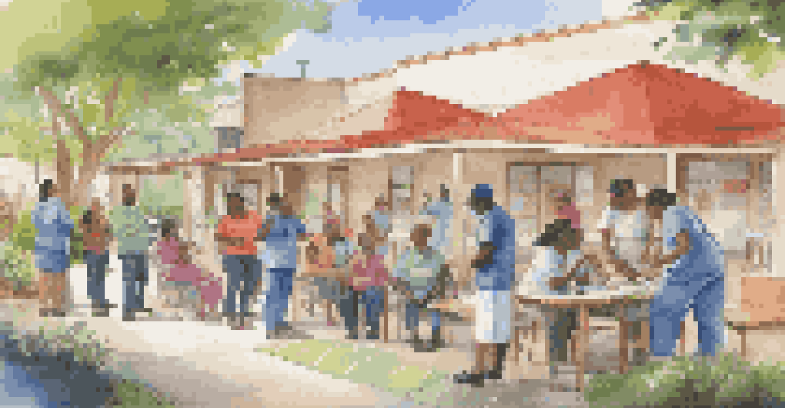 Healthcare workers interacting with local residents at a community health initiative in an outdoor center.