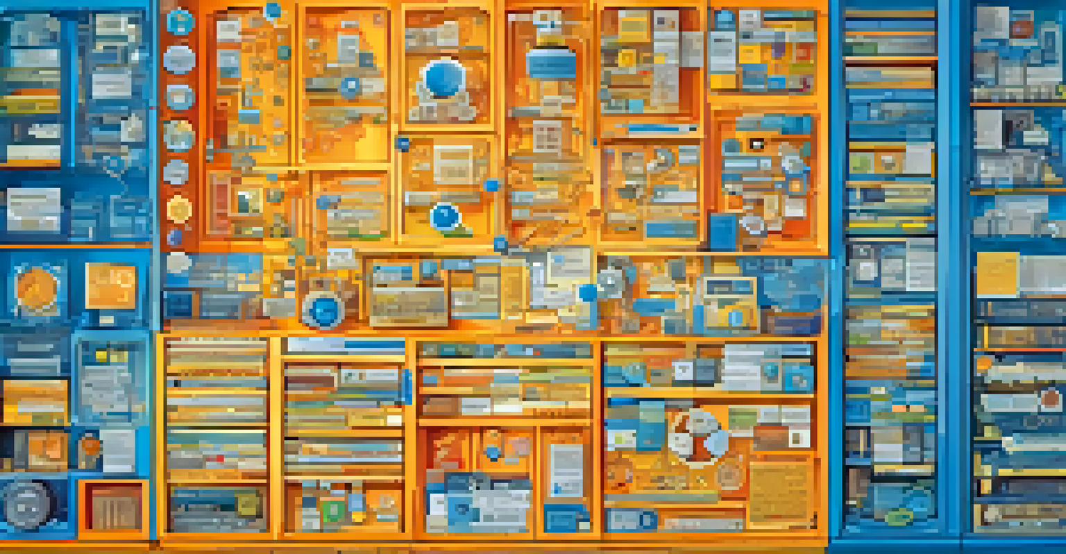 A creative visualization of a digital user interface displaying organized knowledge with categorized folders and tags, alongside gears and lightbulbs in vibrant colors.