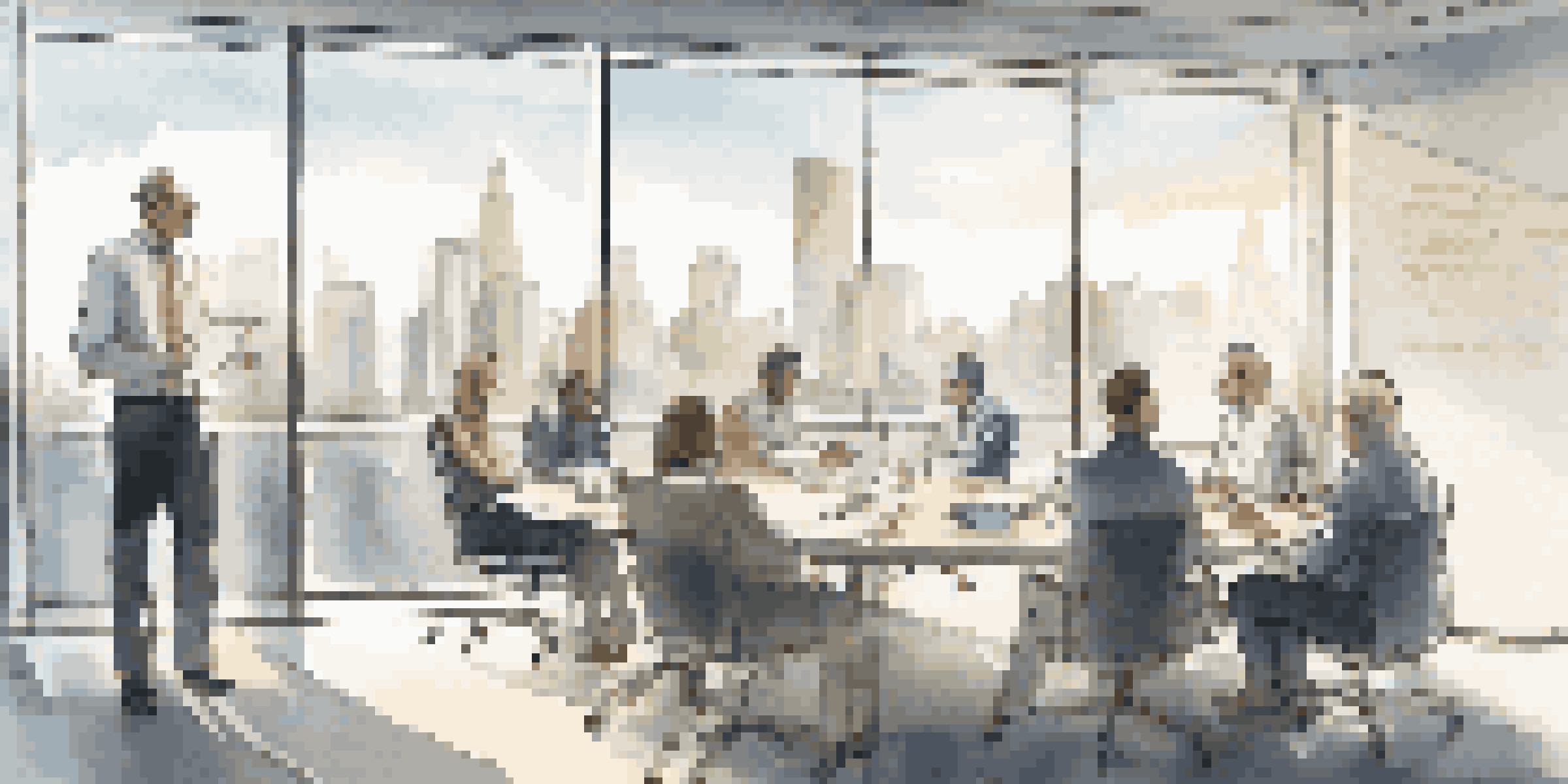 A diverse group of professionals discussing compliance frameworks in a bright office with a city skyline view.
