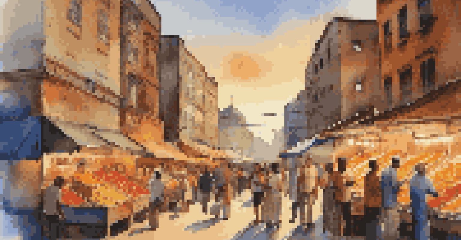 A lively street market in the city at dusk, filled with colorful stalls and warm lights.