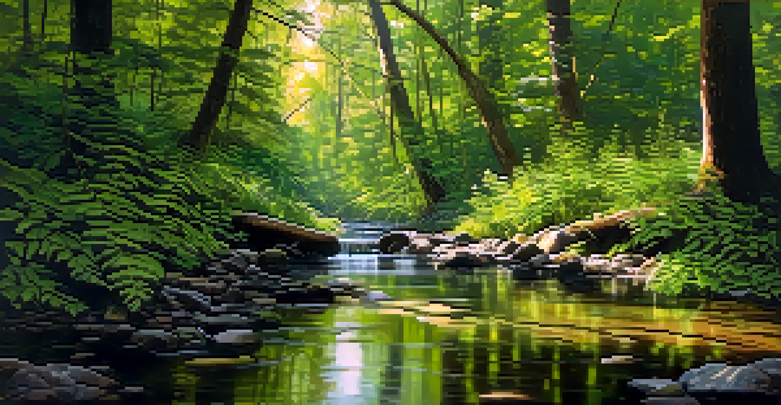 A tranquil forest with a stream, sunlight filtering through leaves, and wildflowers along the bank.