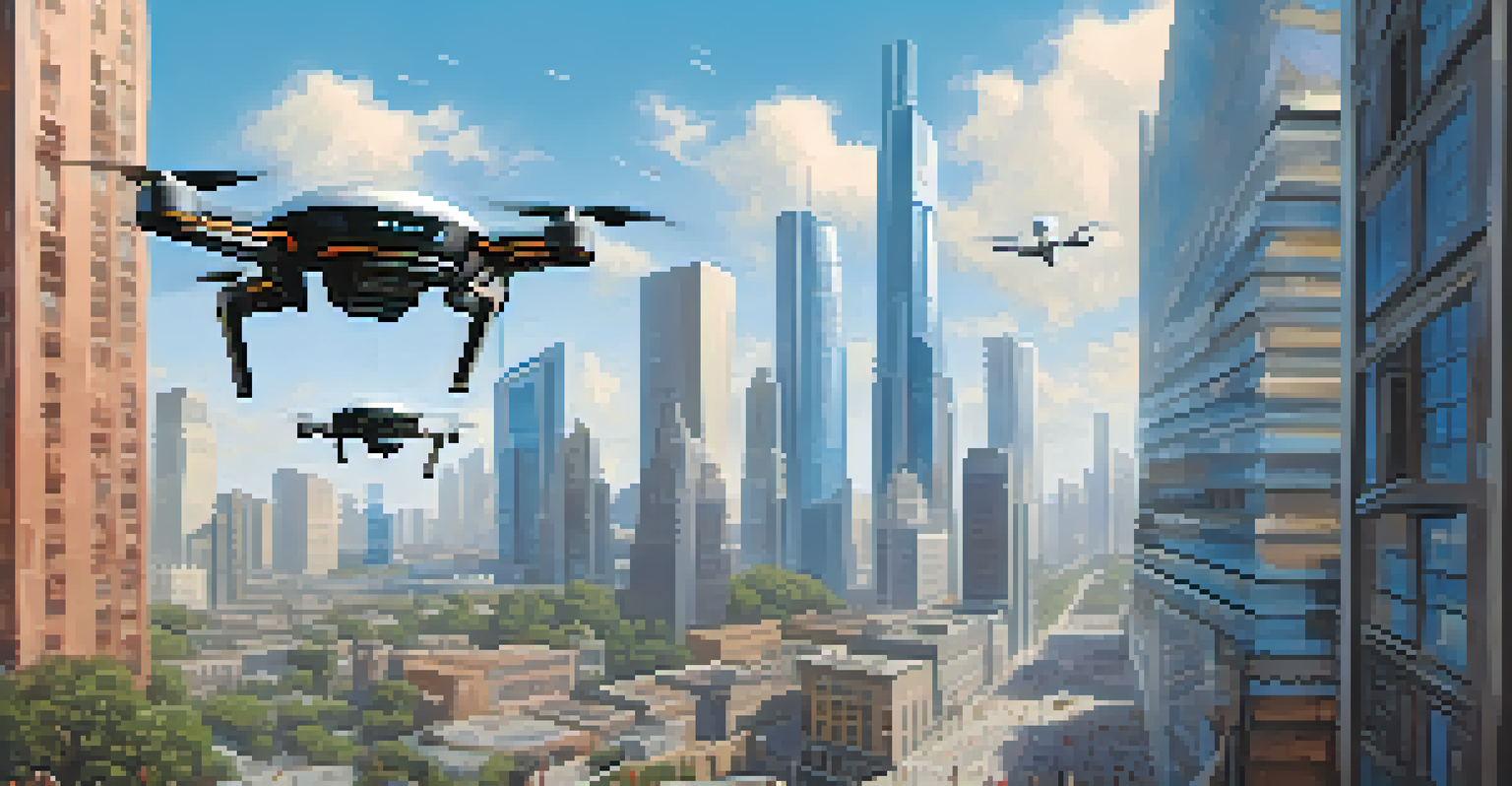 A futuristic city with drones delivering packages, people looking up at the drones against a clear blue sky.
