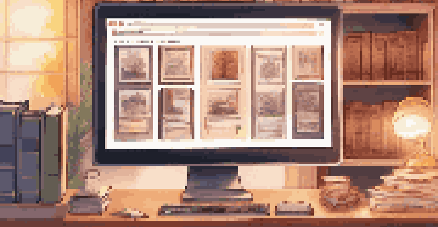 A computer screen showing an organized digital library interface in a cozy study room.