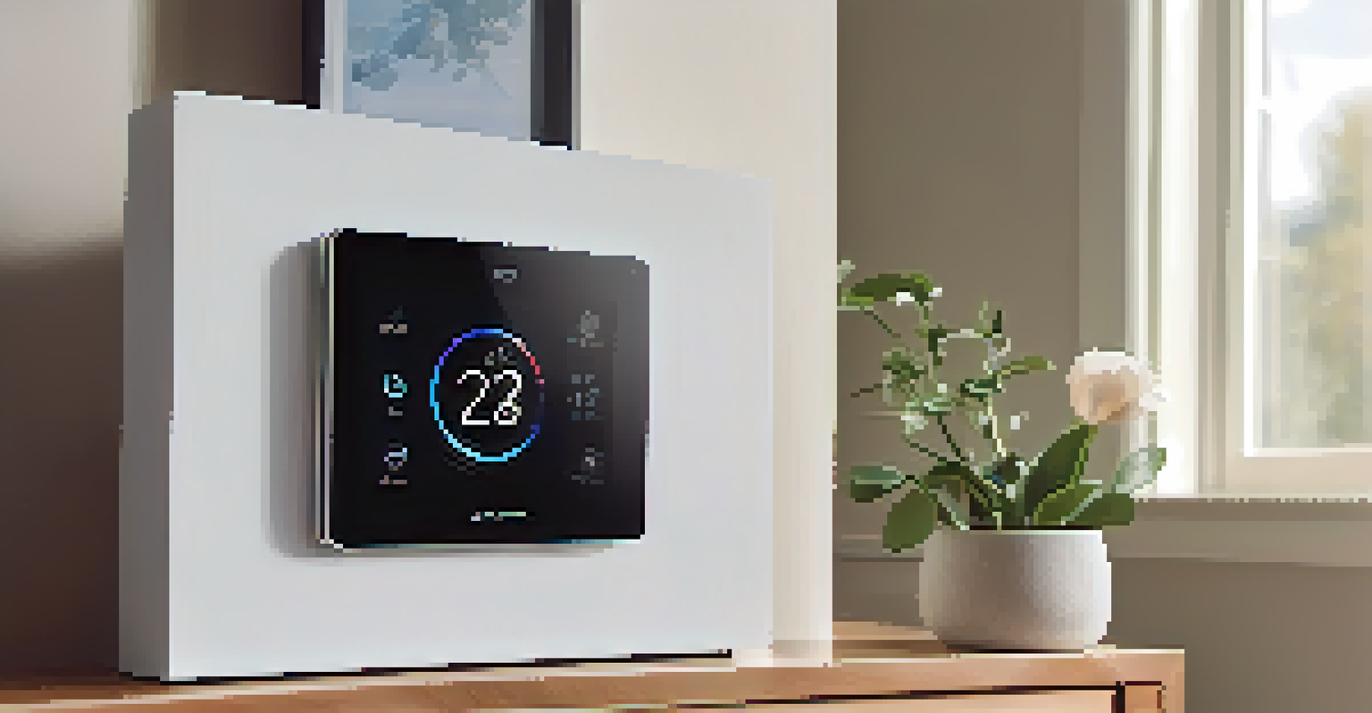 A close-up of a smart home device in a modern living room with soft natural light.