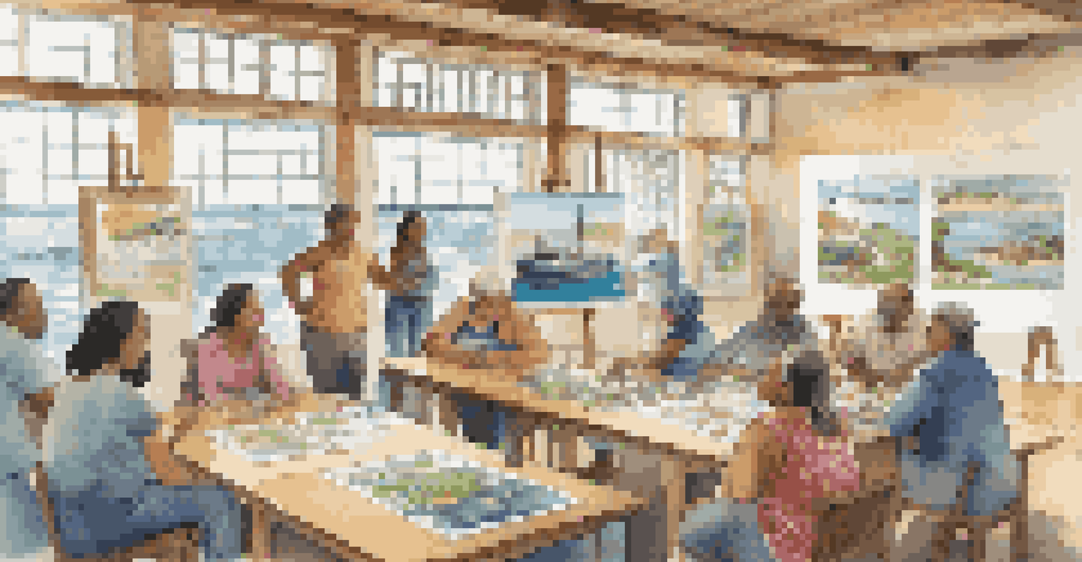 A community workshop with fishers discussing sustainable fishing practices, surrounded by educational posters and natural light.