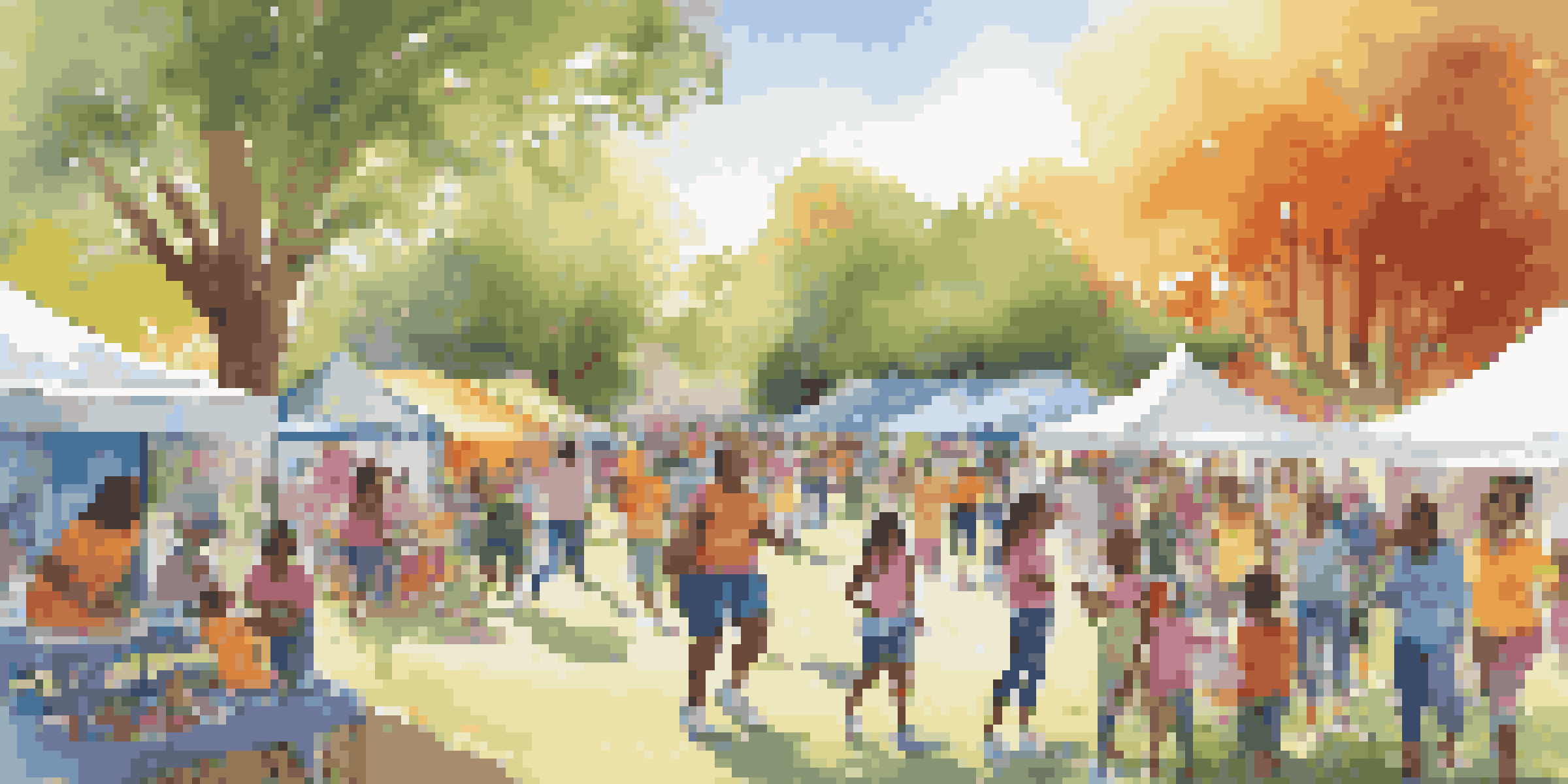 A lively community health fair in a park, with diverse people participating in health screenings and educational activities under colorful tents.