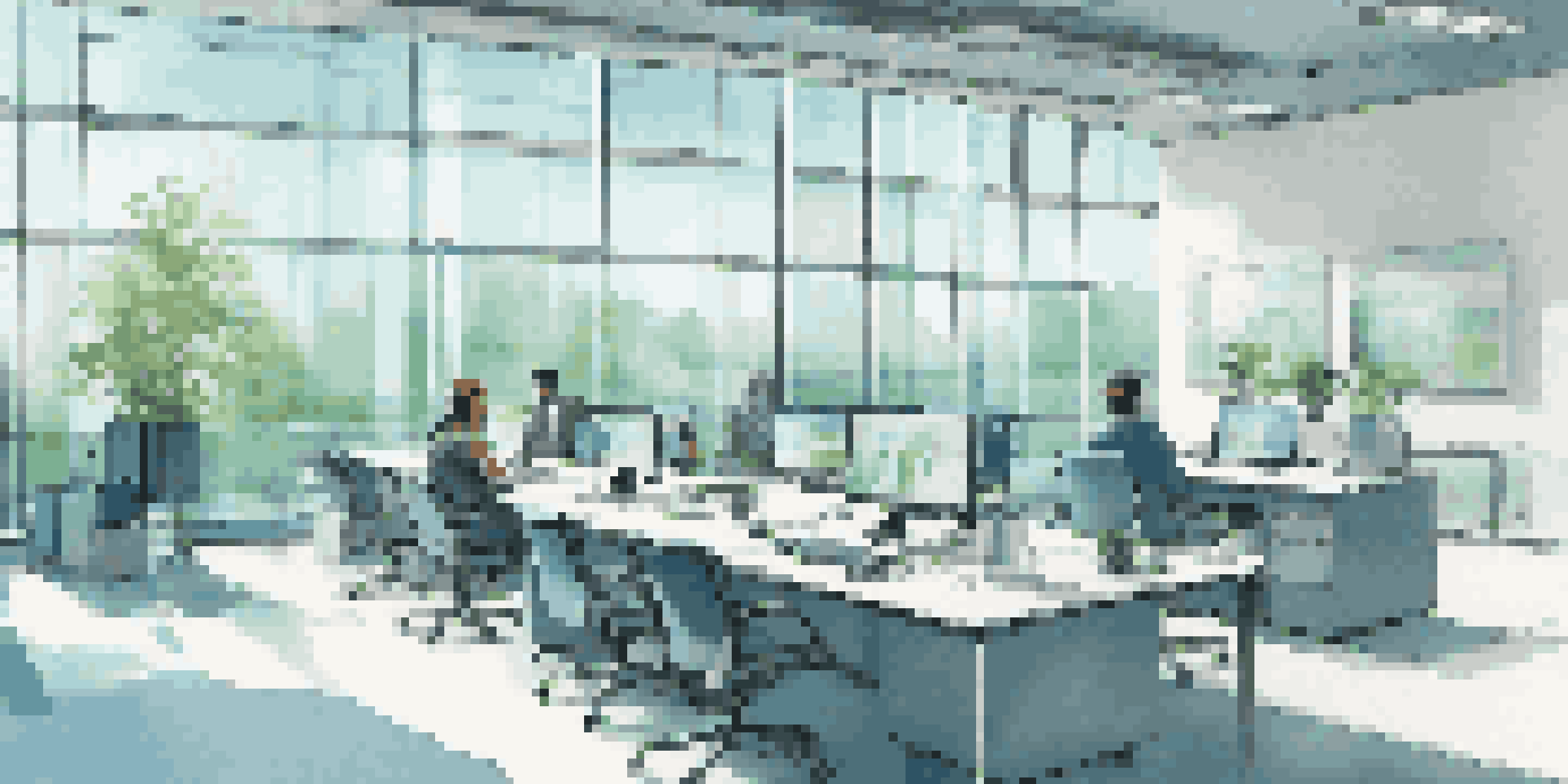 A bright and modern office environment where employees are collaborating around a conference table, with laptops and data displays visible.