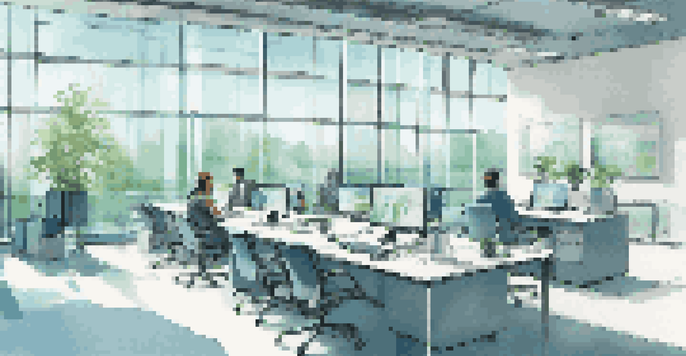 A bright and modern office environment where employees are collaborating around a conference table, with laptops and data displays visible.