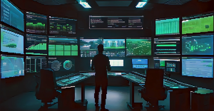 A futuristic control room with screens showing metrics and logs, an operator analyzing data on a holographic interface.