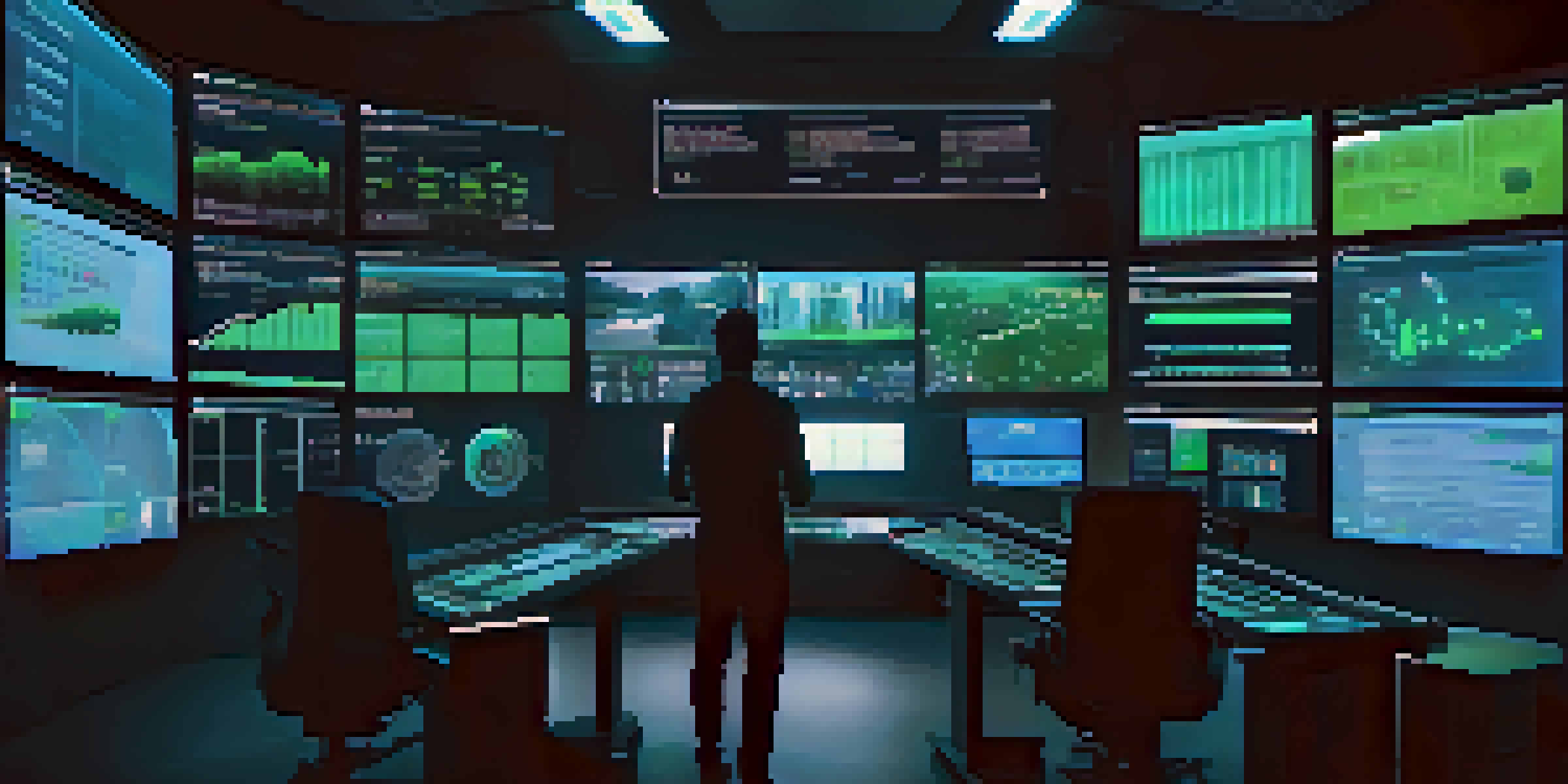 A futuristic control room with screens showing metrics and logs, an operator analyzing data on a holographic interface.