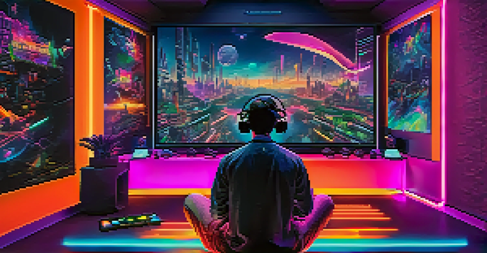 A player using a virtual reality headset in a colorful gaming environment, surrounded by neon lights and animated graphics.