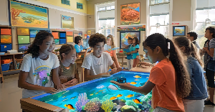 Students in a bright classroom engaged with augmented reality technology, viewing a 3D coral reef and animated marine life.