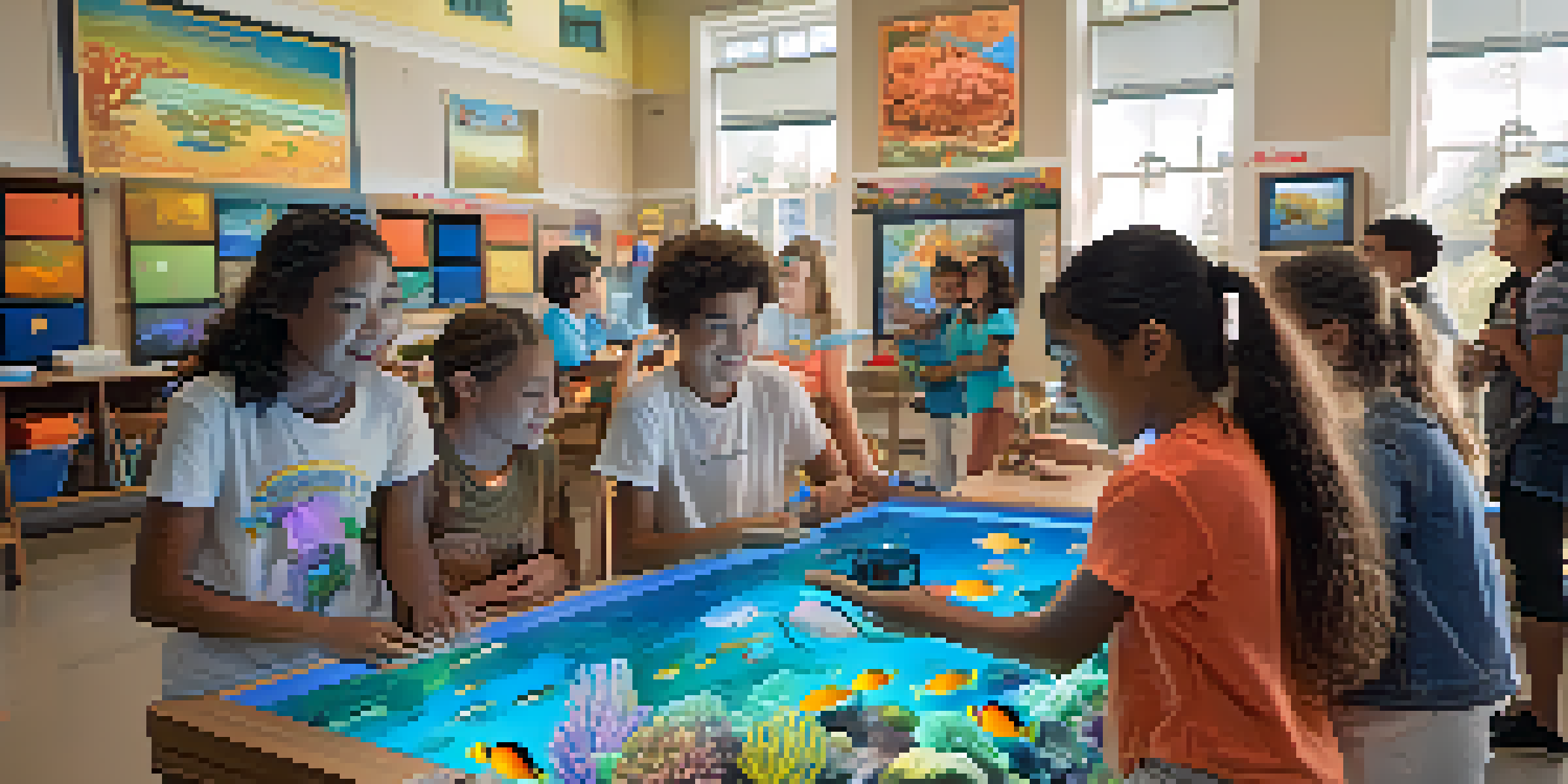 Students in a bright classroom engaged with augmented reality technology, viewing a 3D coral reef and animated marine life.