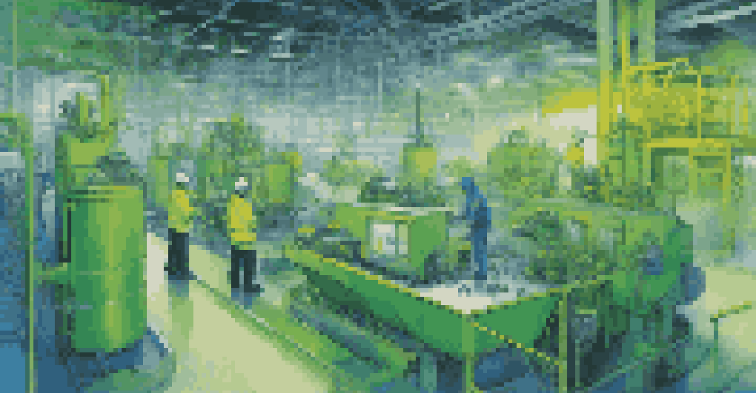 An illustration of smart sensors monitoring environmental conditions in a factory, with alerts on digital screens and workers in safety gear.