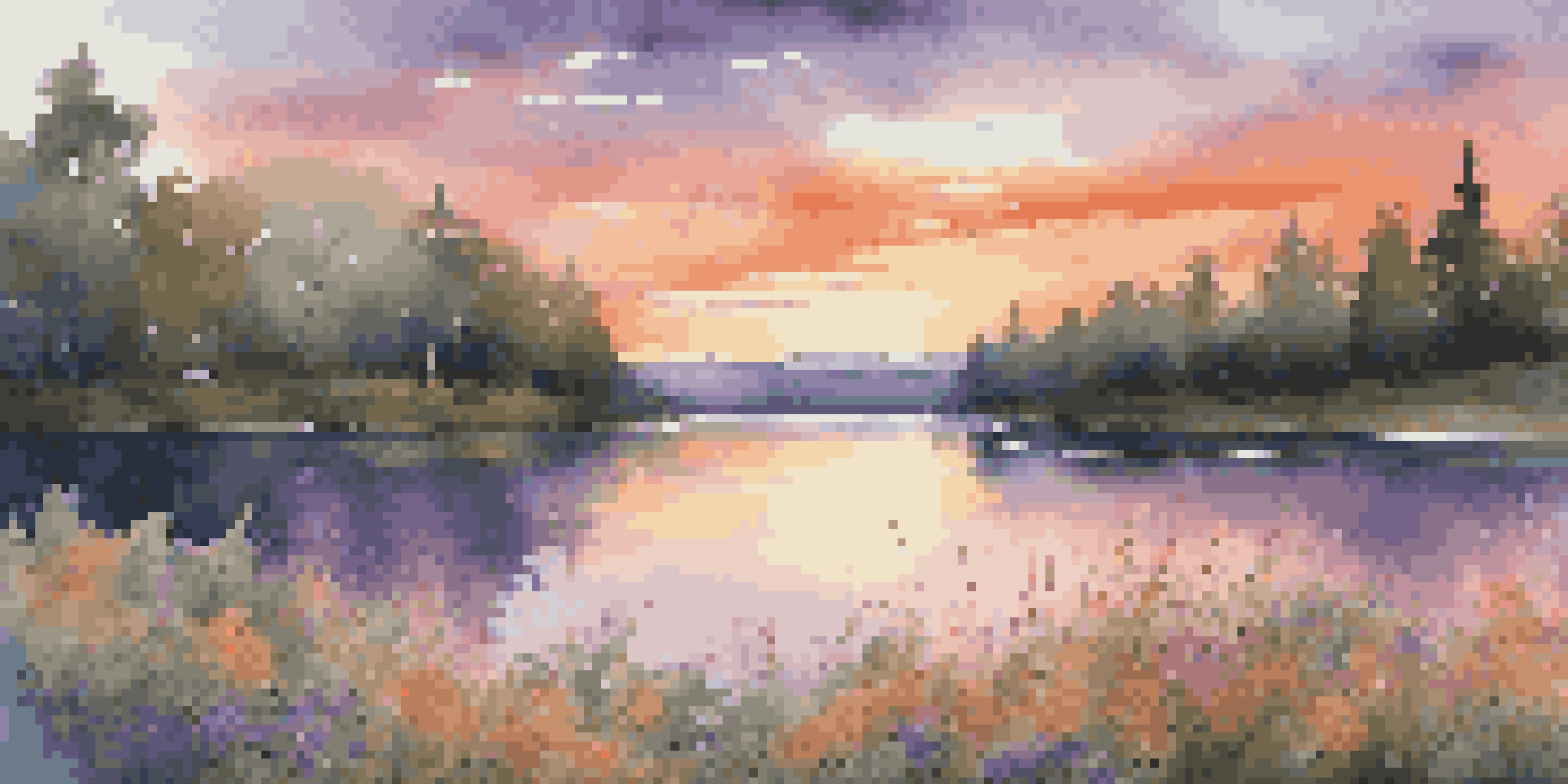 A beautiful sunset over a calm lake surrounded by greenery and wildflowers, with vibrant colors reflecting on the water.