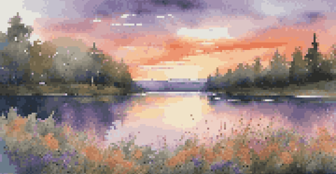 A beautiful sunset over a calm lake surrounded by greenery and wildflowers, with vibrant colors reflecting on the water.