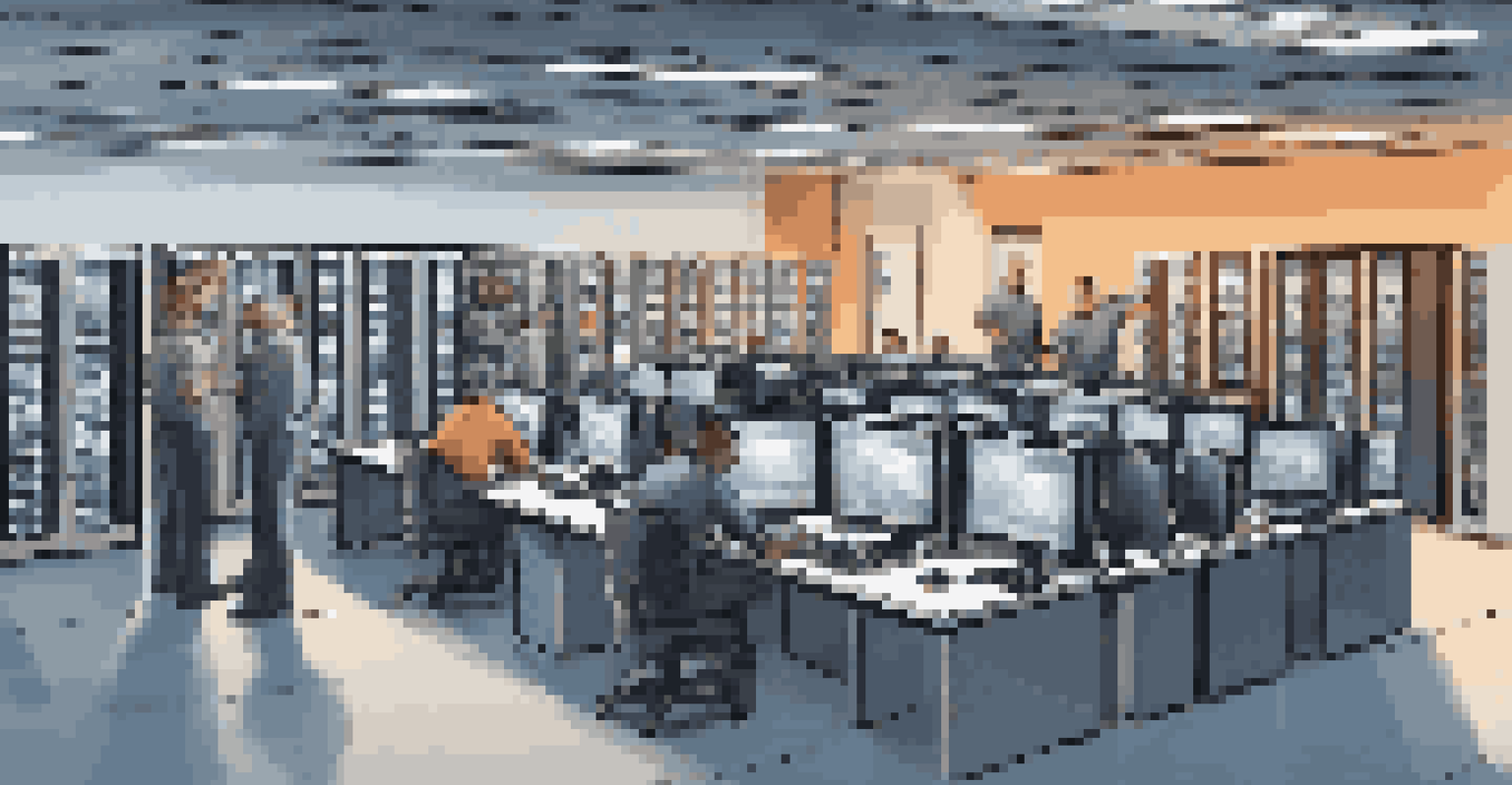 IT professionals in a server room performing a virtual disaster recovery drill, surrounded by servers and monitors showing recovery simulations in a dimly lit environment.