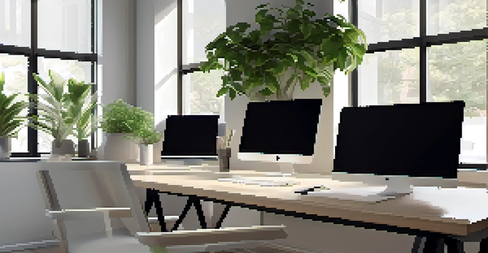 A well-lit modern office workspace featuring a large desk, a sleek computer setup, and a potted plant, designed in a minimalist style.