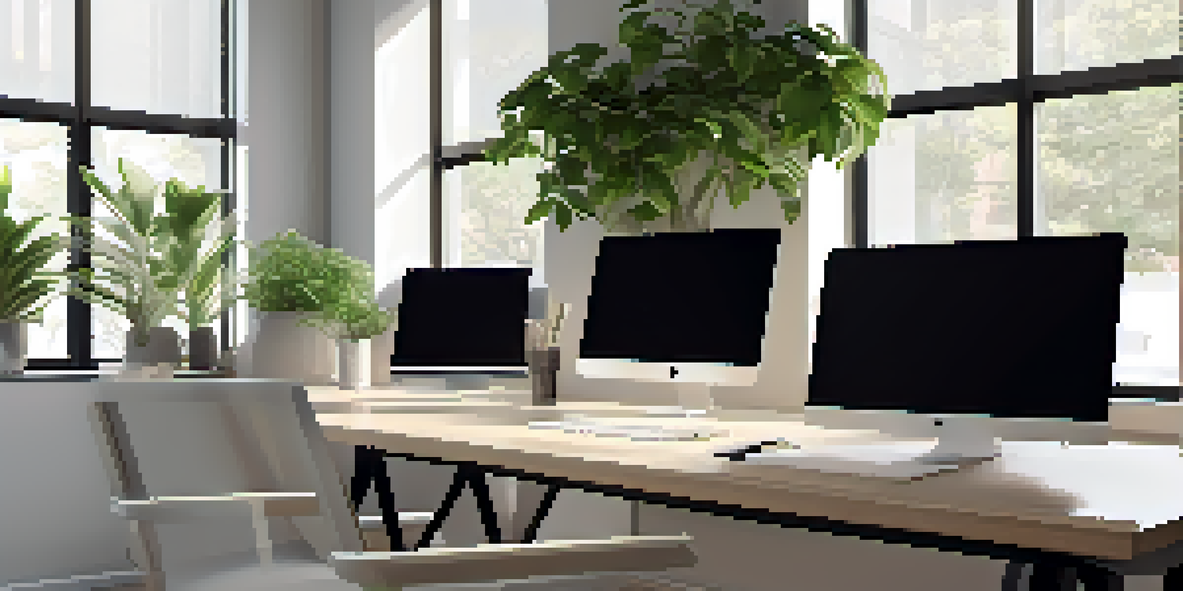 A well-lit modern office workspace featuring a large desk, a sleek computer setup, and a potted plant, designed in a minimalist style.