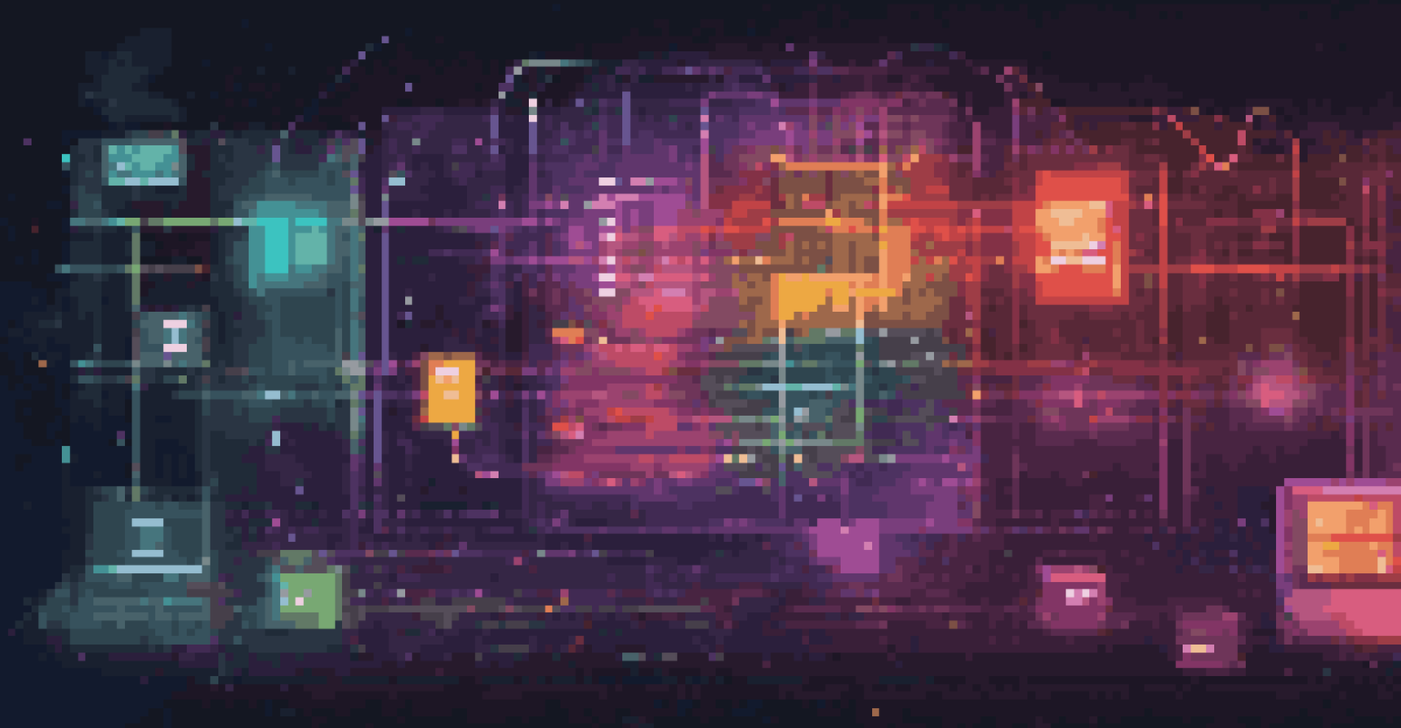 Abstract digital art illustrating performance testing in software development with server icons and colorful data flow.